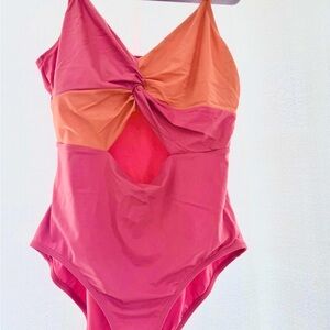 Time and Tru Pink and Orange Twist-Front One-Piece Swimsuit
